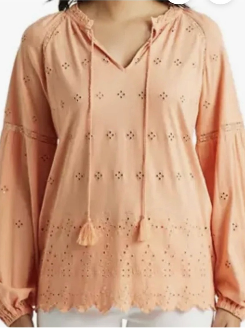 Ralph‎ Lauren Women’s Coral V~Tassel Tie Neckline Eyelet Puff Sleeve Tunic Sz M